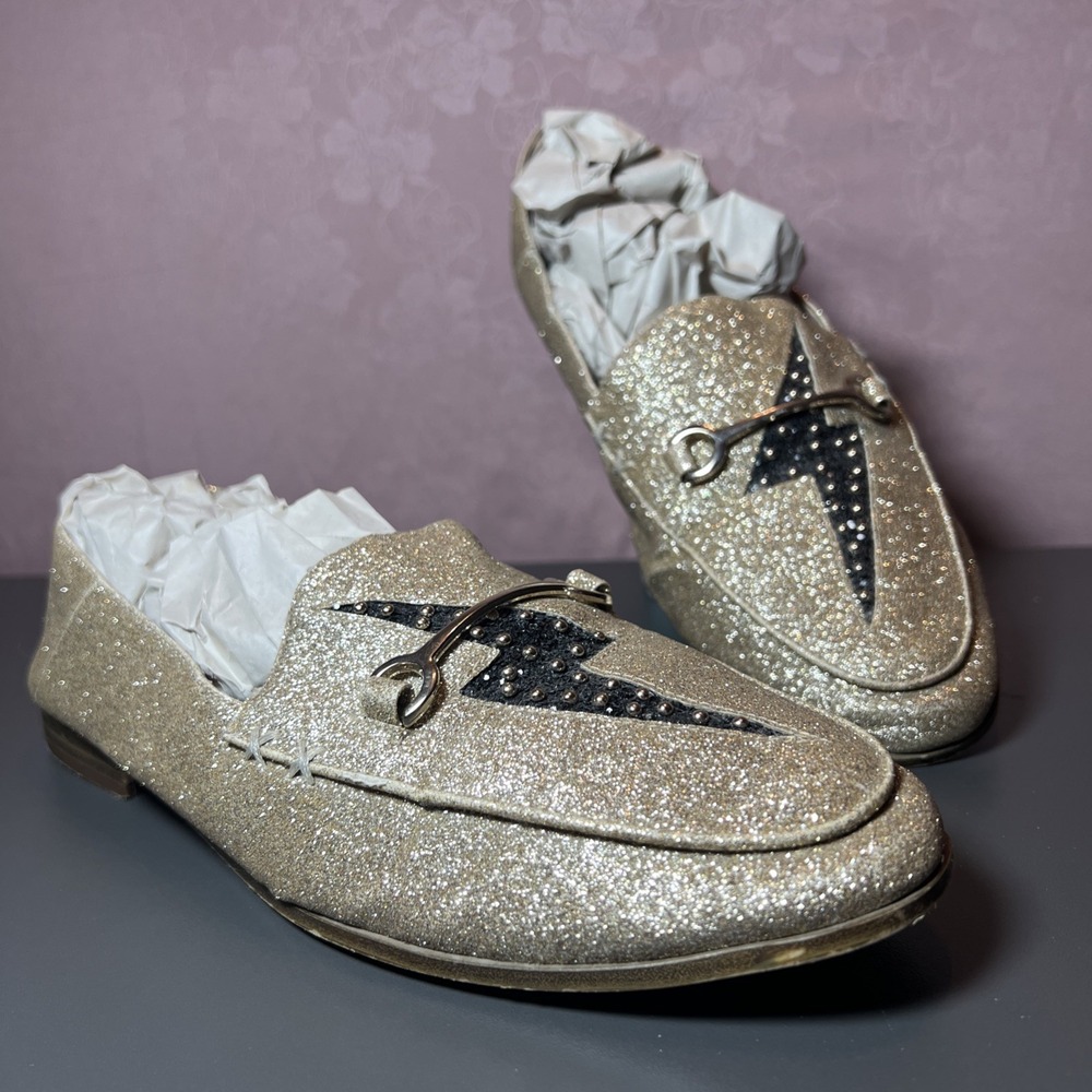 Nine West Womens Size 7.5 Wild Girls Lightning Bolt Gold Black Loafer Sparkle
